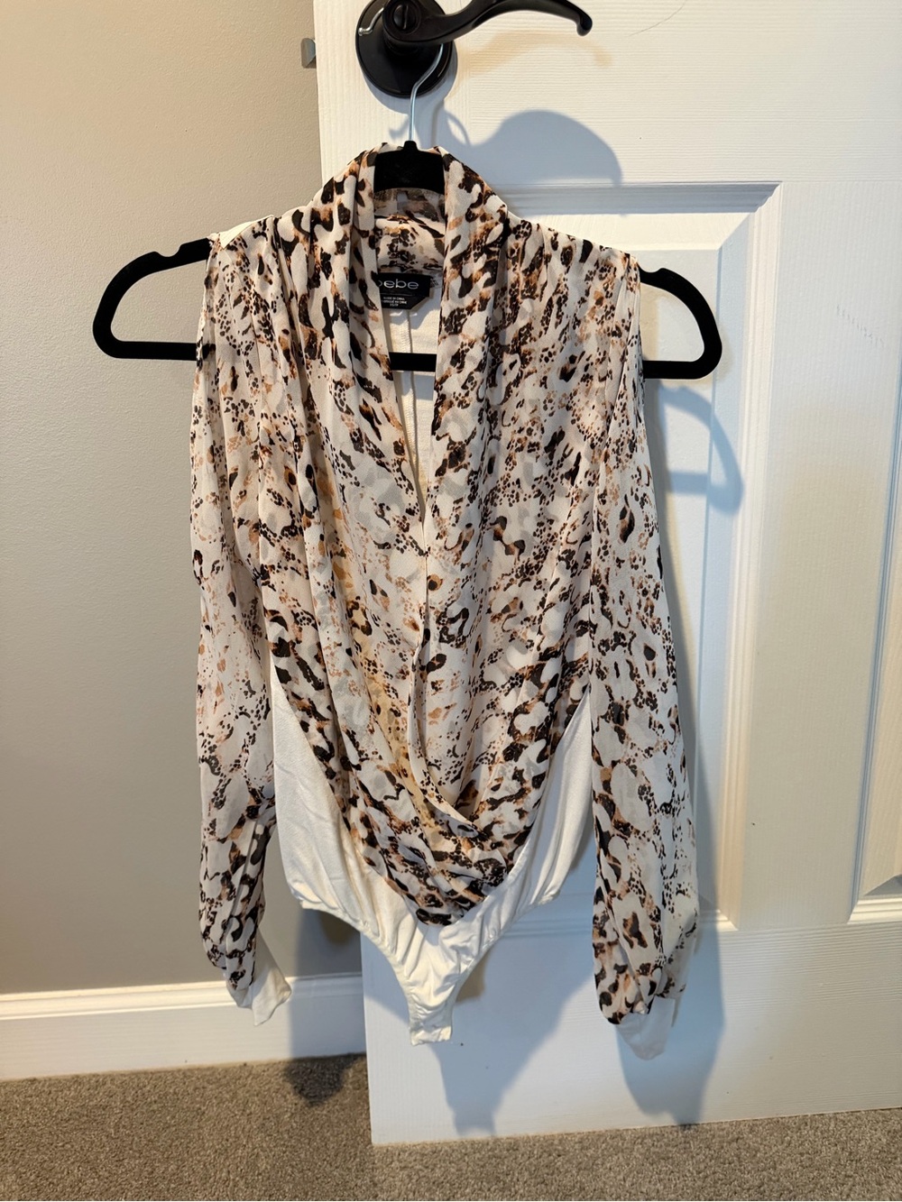 bebe Animal Print Draped Bodysuit in White and Brown